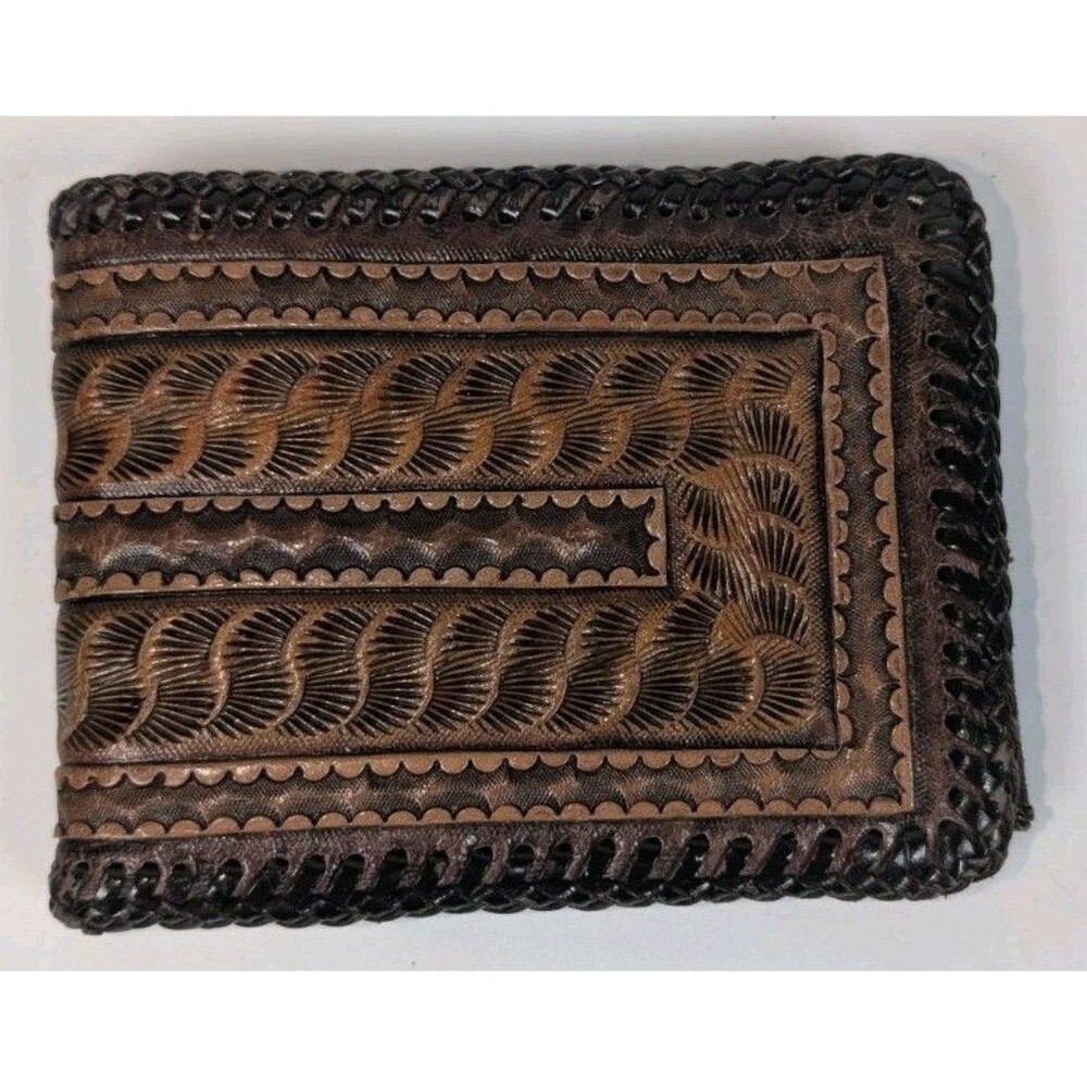 Vintage Hand Tooled Leather Bifold Wallet Western Floral Braided Edge Brown